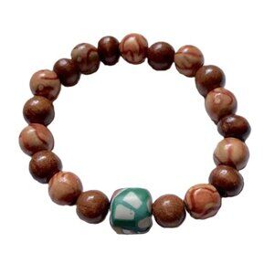 TIGER EYE Wood Beaded Elastic Stretch Energy Charm Bracelet UNISEX 7.5 Inches